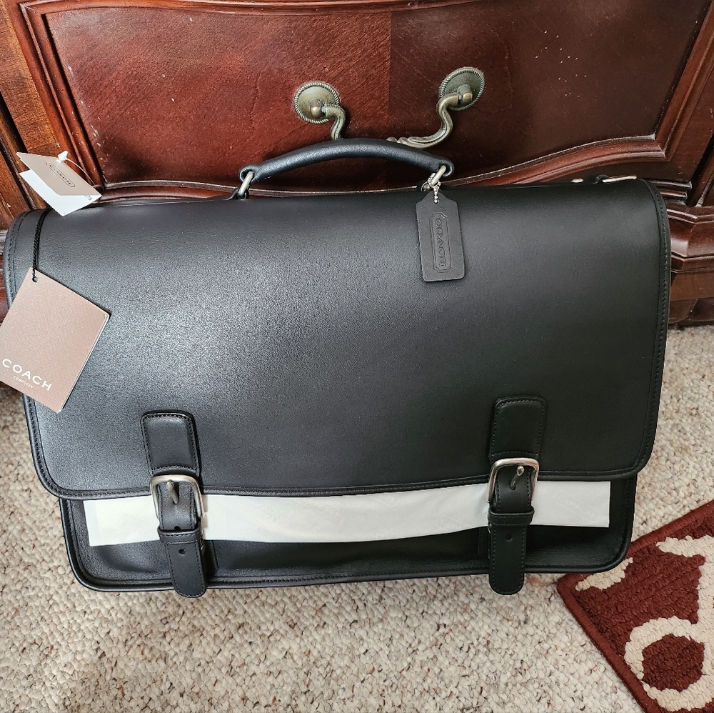 COACH all black leather briefcase messenger crossbody work bag detachable strap